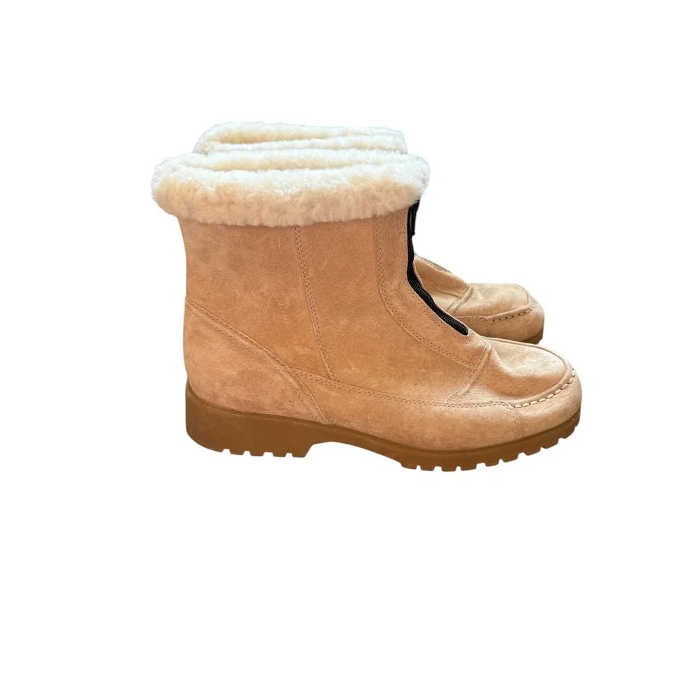 Propet WB018 Suede Ankle Boots Womens 9 Wide Tan Faux Fur Front Zip Winter